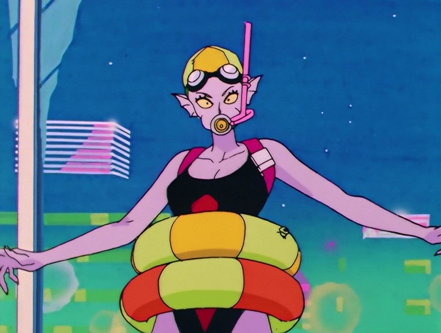 Doburin, a Daimon from Sailor Moon episode 97. She has lilac skin, yellow eyes and fin-like ears. She’s wearing a black and red swimsuit and has two large innertubes around her. She wears a swimming cap and goggles, and has a snorkel.
